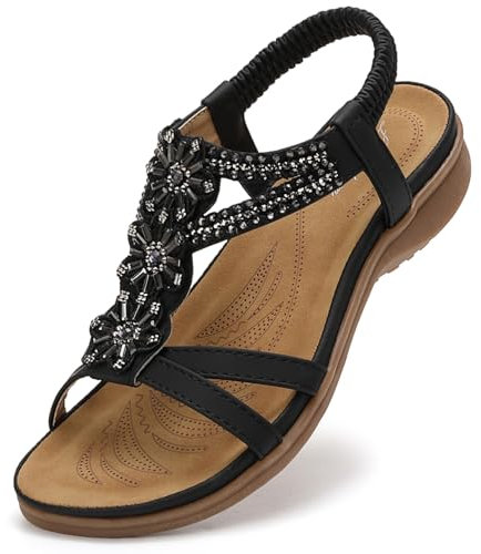 Littleplum Damen Sandalen Sommer Flach Sandalette Bohemia Strand Sandalen,Schwarz,39 EU