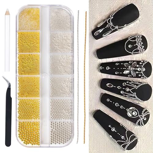 LunarCharm caviar beads for nails, golden nail pendant, nail caviar beads, 2 nail chains for DIY nail art, nail jewellery, nail beads for nail art accessories with nail tweezers