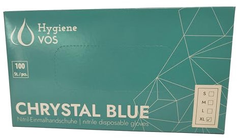 Hygiene VOS Nitril Einweghandschuhe Chrystal Blue – 10 Boxen à 100 Stück, Puderfrei & Latexfrei, Chemikalienbeständig & Durchstichfest, EN 455 & EN ISO 374, Größen S, M, L, XL (XL)
