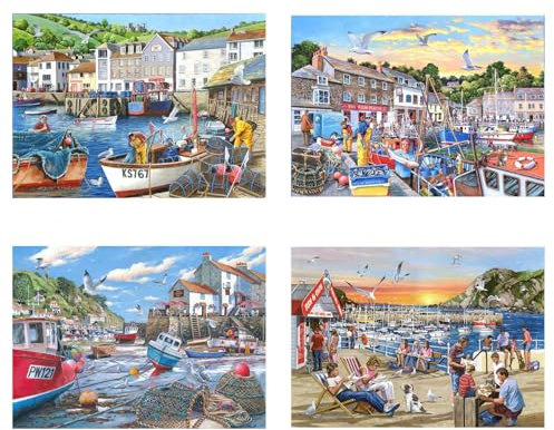 The House of Puzzles Days At The Dock Jigsaw Set - 4 x 500 Piece Jigsaws For Adults, Multi Puzzle Pack, Artist Illustrated, Deluxe Puzzle Gifts, Sustainably Made