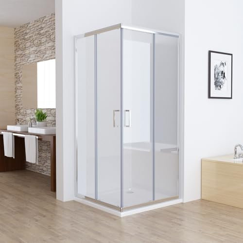 MIQU Duschkabine Eckeinstieg 100x80 cm Duschwand mit Doppel Schiebetür rollen, 5mm ESG Sicherheitsglas, Schiebetüren Glas komplett Dusche Silber Duschabtrennung Höhe 185cm, mit Duschwanne