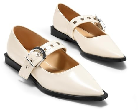 Coutgo Womens Mary Jane Flats Closed Pointed Toe Ballet Flat Studded Metal Adjustable Buckle Dress Shoes, White, Size 9