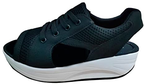 Shffuw Sandali Donna Estive Comode Eleganti Confortevole suola a punta Tacco zeppa Traspirante Scarpe dondolo in rete Comfort Sport casual Pianta Larga (Black, 42)