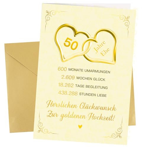 MEJOSER 18x12cm Goldene Hochzeit Karte Goldhochzeit Geschenke Goldfolie mit Umschlag 50 Jahre Klappkarte Geschenk für Frauen Männer Eltern Jahrestag