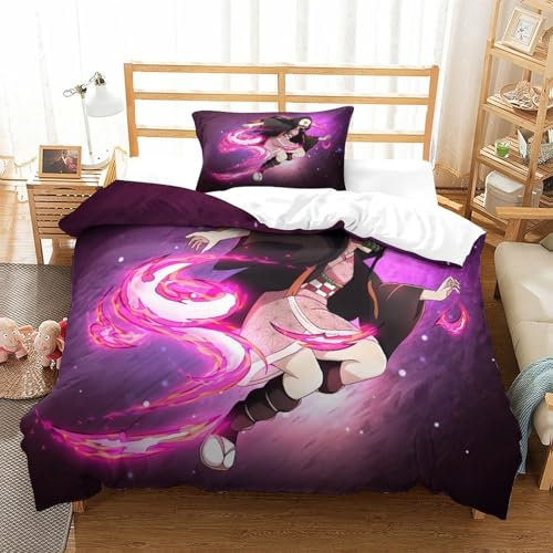 Liyoky Nezuko Bettbezug Set Bettwäsche Set Kinderbettwäsche Reißverschluss Mit Kissenbezug Betten Set Für Jungen Und Mädchen, Kinder Single（135x200cm）