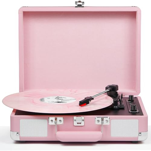 Giradischi in vinile a 3 velocità Bluetooth con altoparlanti stereo integrati, registrazione USB, lettore LP portatile con cinghia con jack RCA AUX per cuffie, arresto automatico, rosa vintage