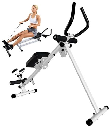 Die Neuheit RudergeräT für Zuhause und bauchtrainer für zuhause2-in-1,klappbar，Einstellbar,Dual Slide Rail, leise, Einfacher Aufbau,Wasser Rudergerät klappbar mit großerem Tablethalter Cremeweiß