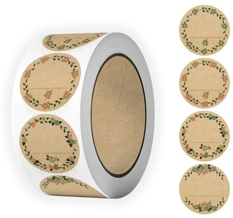 Raheem 1 Rolle 500 Stück Kraftpapier Aufkleber 2.5cm Rund Selbstklebend Etiketten zum Beschriften Geschenksticker Handmade DIY Etiketten für Marmeladenglas,Umschläge,Geschenktüten,Küche,Hochzeit