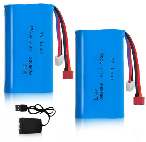 7.4 V Li-Ion Battery, XPJBKC 2 Stück 2000mAh Wiederaufladbare Lithium Lonen Batterie mit Deans T Stecker und XH-3P Ladegerät, Rc Akku Kompatibel mit Rc Fahrzeuge, Panzer, Auto, Roboter, Stunt Car