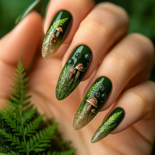 24-Piece Forest Green False Nails, Long Wide Almond Mushroom Design | ABS Construction, Gold-Toned Glitter Gradient, Leaf Motifs, Jelly Adhesive Tabs, For Home Manicures, Weddings And Festivals