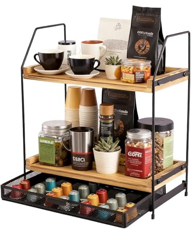 Coffee Station Organizer with Pod Holder 2-Tier Coffee Bar Accessories | Coffee Stand Station for Tea and Coffee Bar Storage, Wooden Storage & Organisation Countertop Shelf for Kitchen, Home, Office