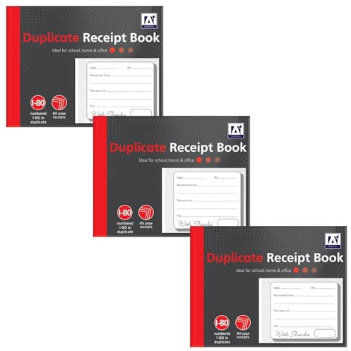 Duplicate Receipt Books Pack 3 Small Business - Invoice Pad Self Employed - Cash Receipt Book Carbon Paper - 80 Numbered Pages Microperforated Tear-Out Sheets