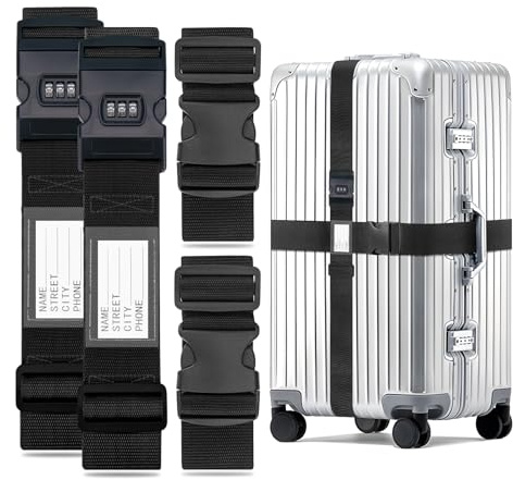 WISYOK Koffergurt 4 Stück, 2 mit Zahlenschloss 130–250cm, 2 ohne 100–200cm | Schwarz Kofferband Gurt, Erweiterte Kofferbänder, Sicher Robuster Koffer Gurtband, Luggage Strap für Reisen und Flugreise