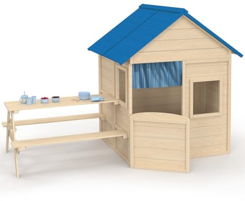 IDMarket - Kinderspielhaus aus Holz Odyssey, Spielhaus im Freien mit integriertem Picknicktisch