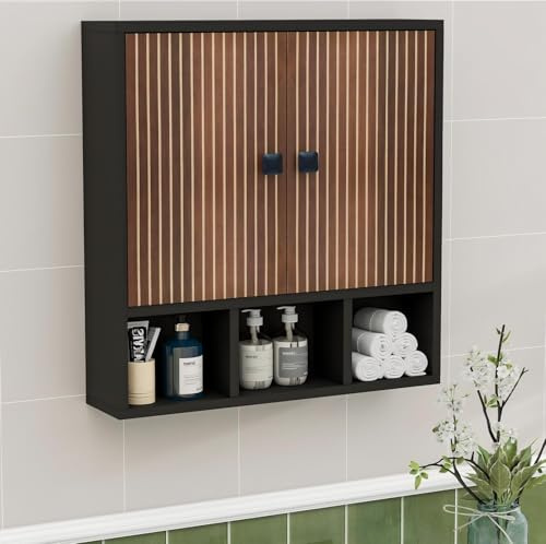 Hängeschrank Bad, Badezimmerschrank hängend, Schwarz, 2-türig, 13x56x58cm | Platzsparend, 3 offene Fächer, verstellbare Böden, Badschrank & Medizinschrank, wasserabweisend. Für Bad, Küche, Flur.