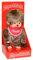 Sekiguchi 255010 - Original Monchhichi Junge, Plüschfigur mit rotem Latz und Zöpfen mit Schleifen, ca. 20 cm großes Kuscheltier aus braunem Plüsch