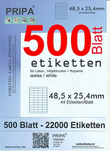 pripa - Amazon FBA Versand Etiketten 48,5 x 25,4 mm - 44 Stueck auf A4 MaxiPack 500 Blatt DIN A4 selbstklebende 22.000 Etiketten