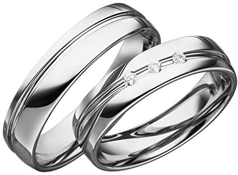JC Trauringe 925er Sterling Silber Paar-Preis I Eheringe mit kostenfreier Gravur I Partnerringe 5 mm breit inkl. Etui I Damen-Ring mit Zirkonia-Steinen I Größe 48 bis 72 I S052