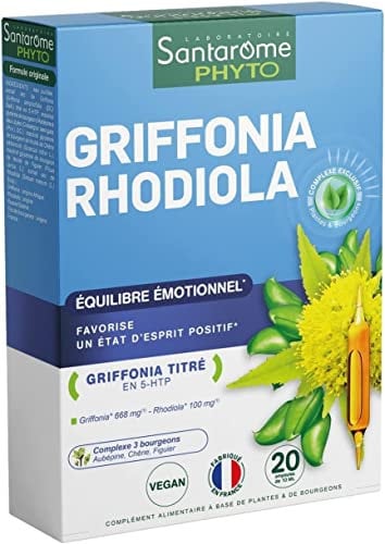 Santarome - Griffonia Rhodiola - Complément alimentaire nervosité - Détente et relaxation - Titré en 5-HTP - 20 ampoules - Vegan - Made In France