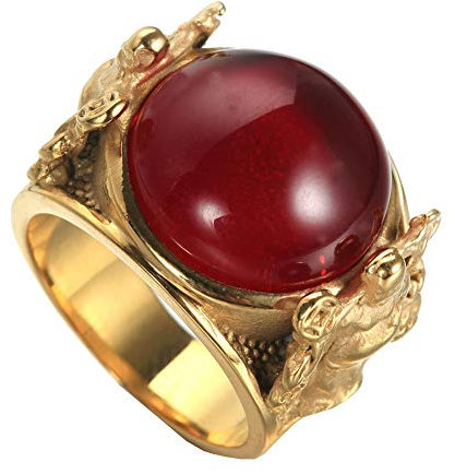 PAURO Herren Edelstahl Vintage Gold Gott des Reichtums Siegel Kupfermünzen Muster Eingraviert Ringe Mit Runder Rubin Größe 57 (18.1)