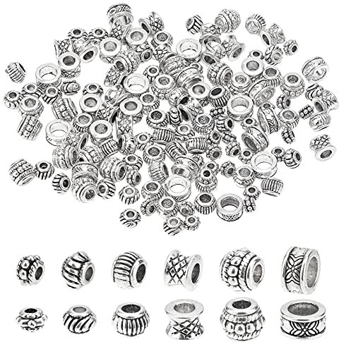PH PandaHall 130 Cuentas Espaciadoras Plateadas de 6 Estilos para Hacer Joyas, Tibetanas Con Agujero Grande para Pulseras, Collares, Columna Redonda para Manualidades