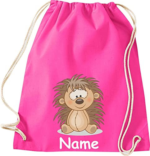 ShirtInStyle Turnbeutel, Tiere Igel mit Wunschnamen, Kinder, Stoffbeutel, Kinderrucksack, Jute, Gymsack, Farbe Pink