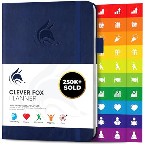 Agenda Clever Fox - Pianificatore Agendina Calendario Giornaliera e Settimanale per Produttività, Successo e Raggiungere gli Obiettivi - Diario Quotidiano e Settimanale, Blu Scuro (senza date), A5