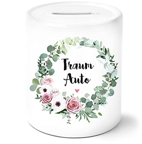 OWLBOOK Traumauto mit Blumenkranz Spardose Personalisiert mit Namen Geschenke Geschenkideen für alle Sparfüchse zum Geburtstag