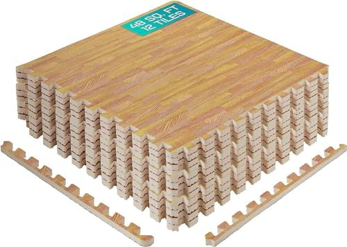 Yes4All Interlocking Exercise Foam Mats – Cover 24, 48 & 120 SqFt (Multi-Color) (F. 24 Square Feet (12 Tiles) - Light Oak Wood)