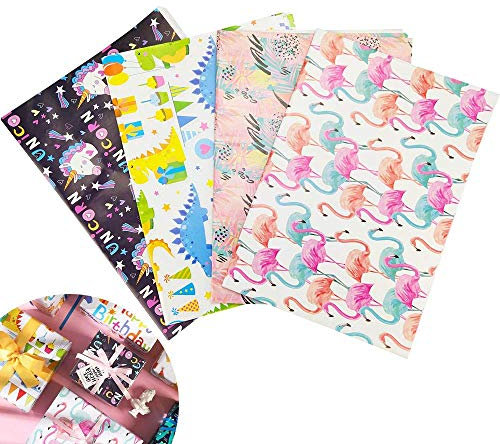 DECARETA 20 Stück Geschenkpapier Blätter Kinder Seidenpapier Geschenkverpackung Verpackung Papier 50 x70cm Einhorn Flamingo Packpapier für Geschenk Geburtstag Hochzeit Taufe Party und Kinder