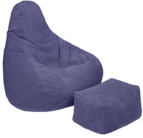Loft 25 Fauteuil Dossier Haut Pouf | Chaise Longue de jeu de Pouf de Salon D'intérieur de Tissu de Velours Côtelé | Doublure Interne | Conception Ergonomique (Pouf + Repose-Pieds, Violet)
