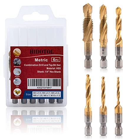 HIDOTOL 6pc Metric Titanium Combination Drill and Tap Bits Set, 3-in-1 Bit Tool for Drilling, Tapping and Countersinking