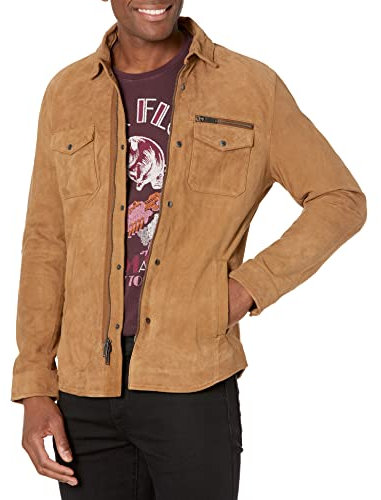 John Varvatos Star USA Herren John Varvatos Shilo Hemdjacke aus hellem Wildleder Lederjacke, antik, X-Groß