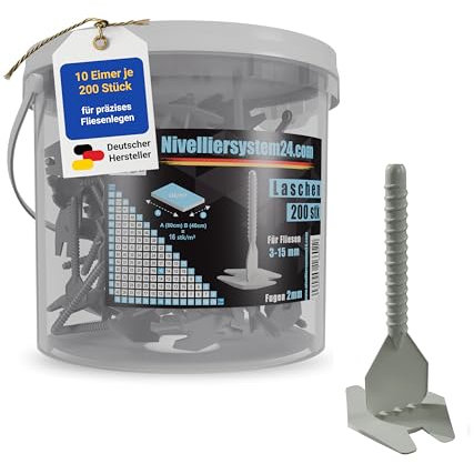 Nivelliersystem24.com Zuglaschen für 2 mm Fugen für Fliesenstärke von 3-15 mm, 200 Stück + Eimer – Geeignet für Fliesen-Nivelliersystem – 16602 (10 Eimer)