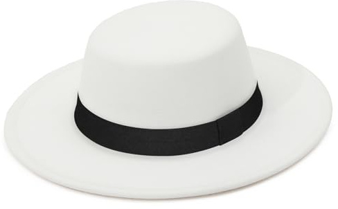 GEMVIE Fedora Hut mit Breite Krempe Damen Herren Filzhut Flache Kirche Derby Hut M Weiß