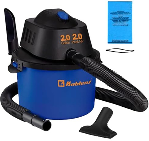 Koblenz Wet Dry Vacuum Cleaner, 2 Gallon 2.0 PHP, 60 CFM, 10 ft Reach, Twist-N-Lock Hose, Small Shop Vac, Portable Shop Vac for Home Car Garage Workshop, Accessories Included, Blue/Black, WD-2L