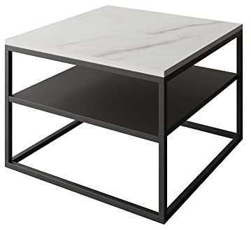 lukmebel Couchtisch Nova mit Regal Modern für Loft-Räume Pulverbeschichteter Edelstahl 16mm Tischplatte 68,5x68,5x48cm Ergonomisch Bequem Schwarz/Levanto-Marmor
