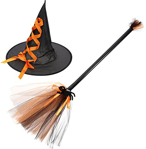 TOYANDONA Halloween Hexenbesen Hut Set Hexenhut mit Halloween Hexenbesenstiel für Cosplay Requisiten Hexenkostüm Zubehör (Orange)