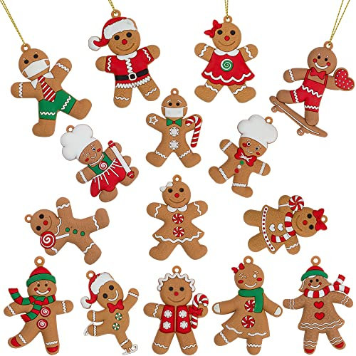 Festive Fix Gingerbread Ornaments - Pack of 15 Assorted Gingerbread Man Designs with Strings, Easy to Hang Decorations for Christmas Trees, Garlands, Windows, Fireplace Mantels, and More