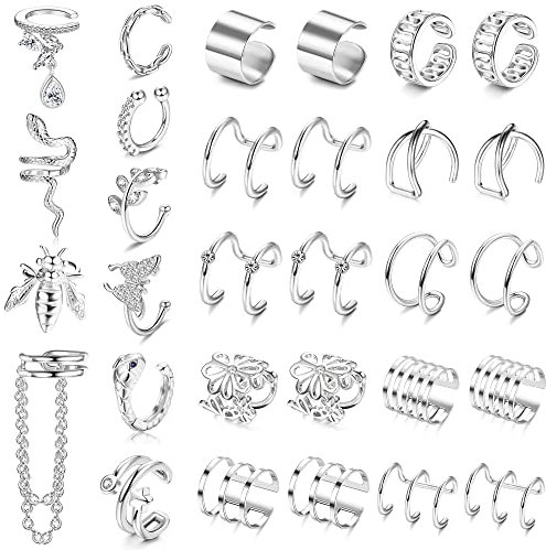 Dochais 16-30 pieces ear cuff set, fake piercing ear, wrap ear cuff, helix ear cuff, helix cartilage clip, fake ear cuff piercing, snake ear cuff (gold, silver, black) (30 pieces silver) (30 Stück, A)