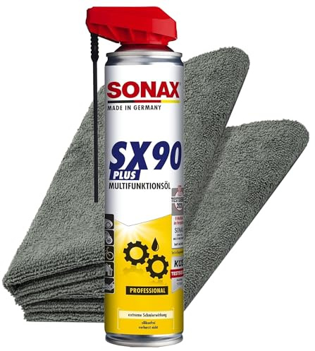 Multifunktionsöl Set | Sonax SX90 Plus 400ml Kriechöl Spray + 2x Mikrofasertuch | Sprühöl für Werkstatt | Ideal als Rostlöser & Schmiermittel | beseitigt Quietsch- und Knarrgeräusche