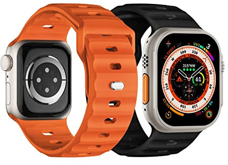 Suitisbest 2 Pack Sport Straps Compatible for Apple Watch Ultra 49mm 45mm 44mm 42mm Men, Soft Silicone Wristbands Waterproof Replacement Strap iWatch Series 8 7 6 5 4 3 1 SE, Black+Orange