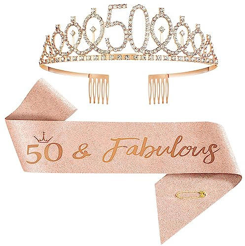 Geburtstag Geburtstag Schärpe und Tiara,Geburtstag Krone Schärpe,50. Geburtstag Dekorationen Frauen ,Kristall Geburtstagskrone Set (50)