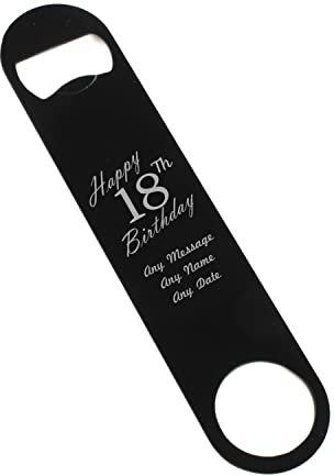 Personalised Engraved Large Black Stainless Steel Bar Blade, Durable Bottle Opener, Happy 18th Birthday Design, Birthday Gift, Gift for Him, Birthday, Home Bar Accessory, Engraved in The UK
