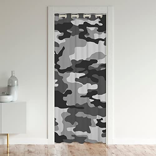 jejeloiu Camouflage-Türvorhang für Tür, Privatsphäre, 132,1 x 203,2 cm, Camouflage-Stil, Raumvorhang, Schwarz, Weiß, Raumteiler, Vorhangabdeckung, Grau, Tarnmuster, Fensterbehandlungen