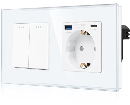 CNBINGO Interruptor de luz con enchufe Schuko de 2 vías, 1 vía, enchufe de cristal empotrado con USB (tipo C y tipo A 3,1 A total), placa de pared de cristal moderna con puntos luminosos, color blanco