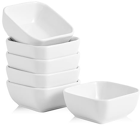 Swuut Juego de cuencos de cerámica de porcelana de 6 onzas, plato cuadrado pequeño para salsa de soja, bueno para salsa de tomate, soja de sushi, barbacoa, tabla de embutidos (blanco)