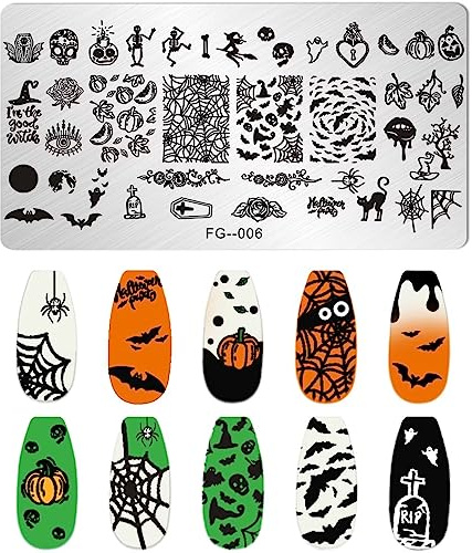 RUNRAYAY Halloween Nail Stamp Plates, Nails Art Stamping Plates Spider Pumpkin Skeleton Nail Plate Template Image Plate