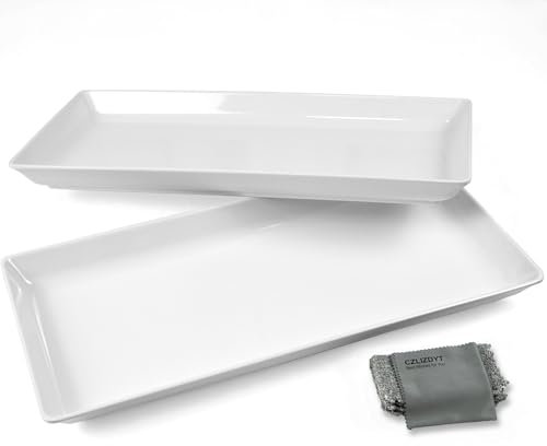 Czlizdyt Long Melamine Serving Platter, 17.3x8x1.5 inch Rectangle Serving Trays for Party, Long Serving Platters Plates for Appetizer, Charcuterie, Bread, Fruit, Dessert, Set of 2, White