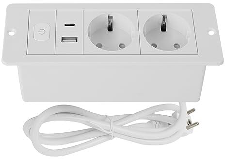 Tischplatte Versenkte Steckdose mit USB A C,2 Fach Einbausteckdose Tischsteckdose Mehrfachsteckdose für Tischplatte Arbeitsplatte Möbel,1,8M Kabel (Weiß)
